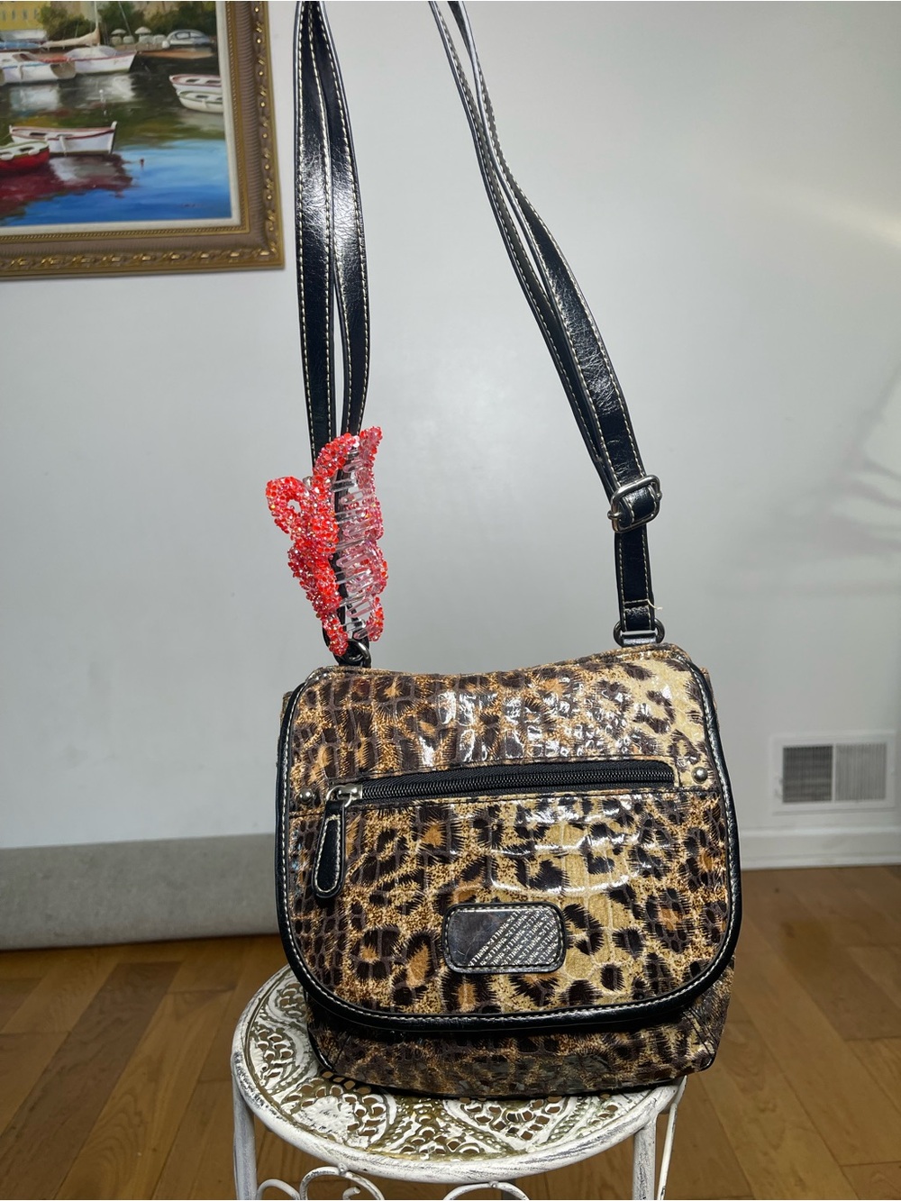 Leopard Print Crossbody Bag with Black Trim